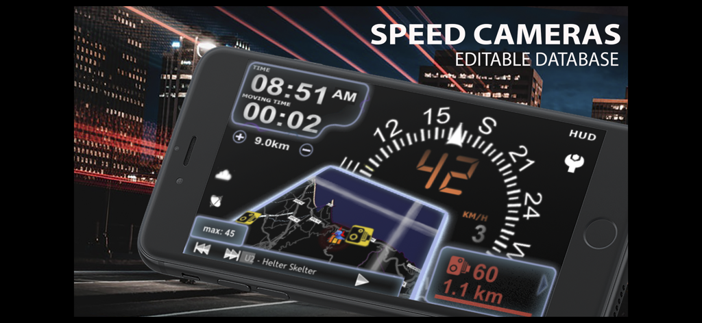 aSmart HUD 3D +SpeedCams - Aplicación aSmart HUD 3D mostrando un tablero de coche digital con alertas de cámaras de velocidad e interfaz de navegación