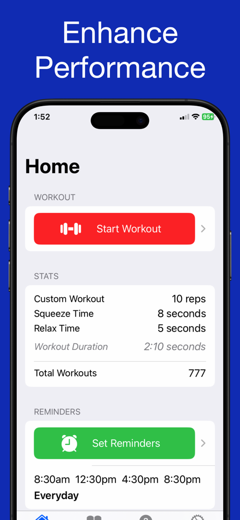 Home screen of Kratos Kegel Workout app featuring start workout button and daily reminders