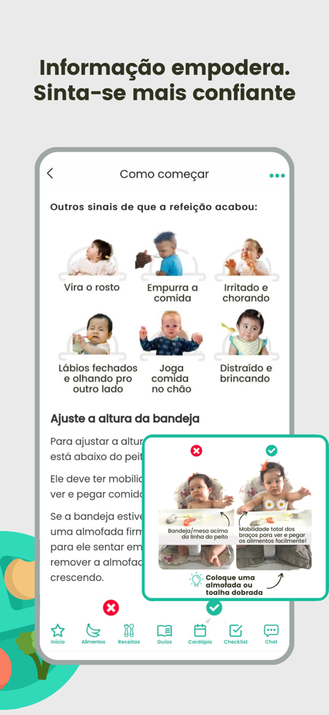Écran de l'application BLW Brasil montrant les signaux d'alimentation du bébé et un guide pour ajuster la hauteur de la tablette de la chaise haute.