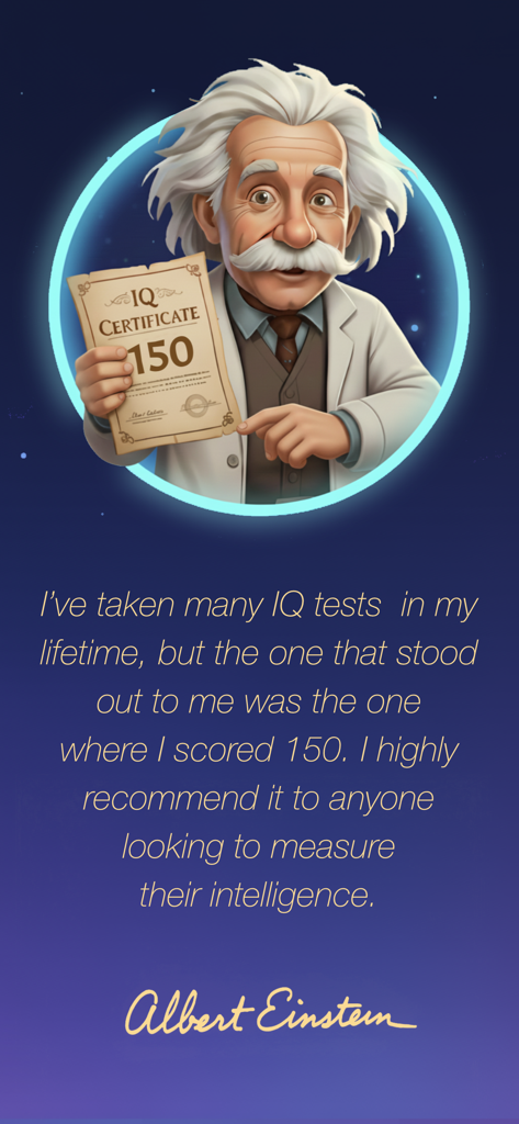 Personagem de desenho animado de Albert Einstein segurando um certificado de QI com uma pontuação de 150