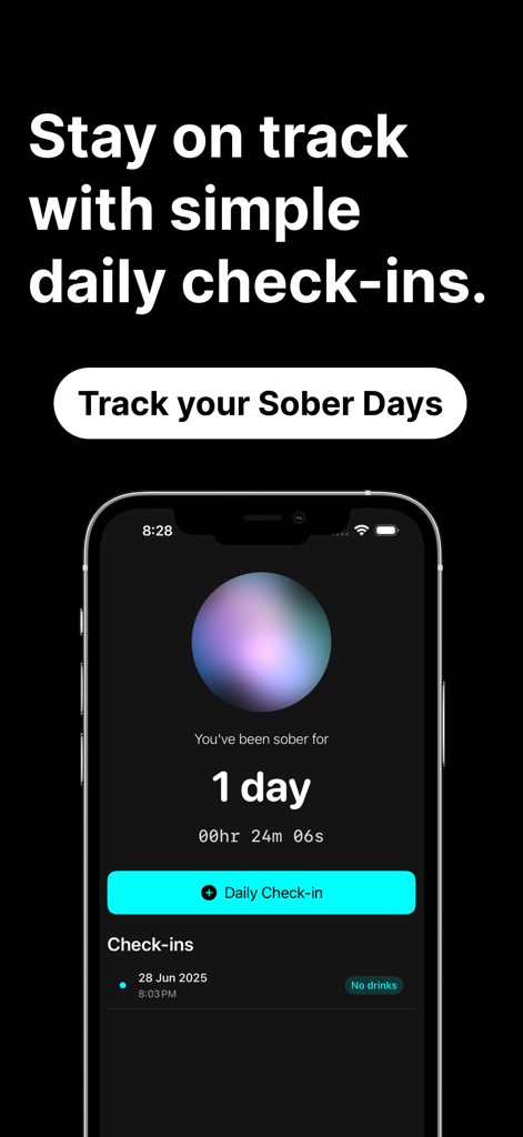 AlcoFree: Quit Alcohol Tracker - AlcoFree app interface showing a one day sobriety counter and daily check-in button