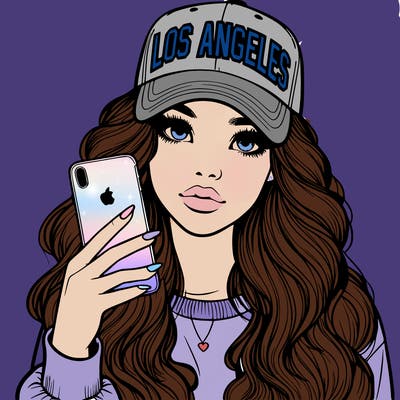 realistic beautiful girl wearing los ángeles cap holding an iphone
