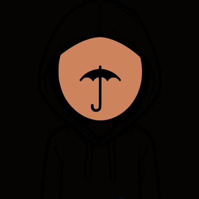 a person with non face waering a hoodie with a small umbrella symbol