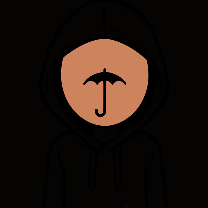 a person with non face waering a hoodie with a small umbrella symbol