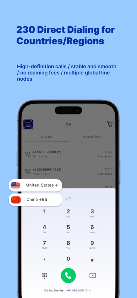 IntBell: Phone Calls + Texts - Schermata dell'app IntBell che mostra l'interfaccia del dialer per chiamate internazionali ad alta definizione verso 230 paesi