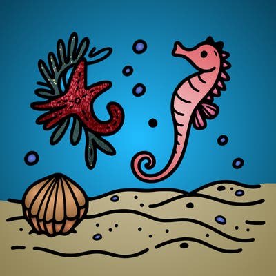 sand, sea horse, starfish