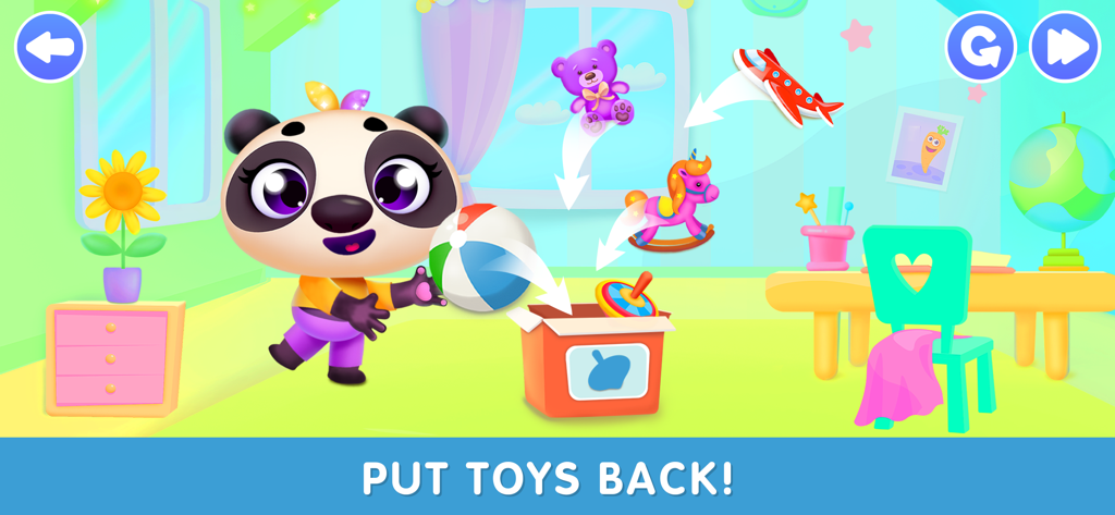 Pet care games for kids 2 5 - Un lindo personaje de panda de dibujos animados ordenando su habitación guardando juguetes en una caja de juguetes.