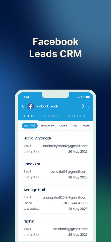 Happilee - Happilee app interface showing Facebook leads CRM with lead categories and contact list