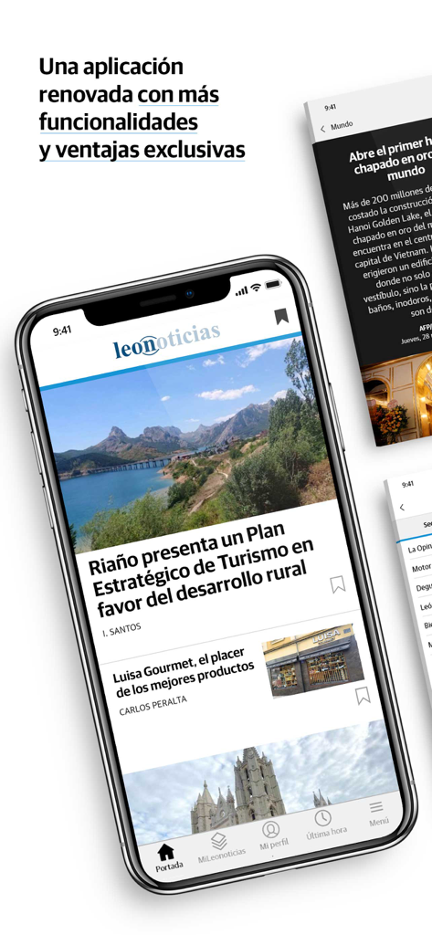 Smartphone mostrando la interfaz de la aplicación de noticias Leonoticias con titulares locales de León, España
