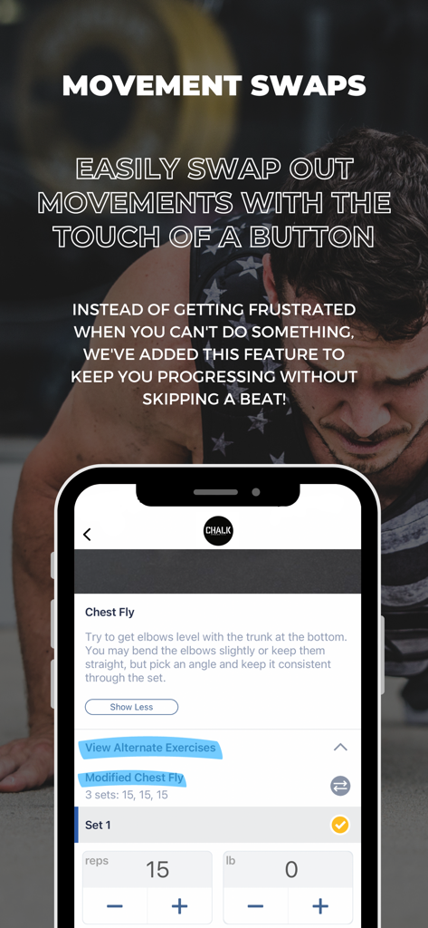 Chalk Performance Training - Chalk Performance Training app interface showing the movement swaps feature for selecting alternate exercises like modified chest flies.