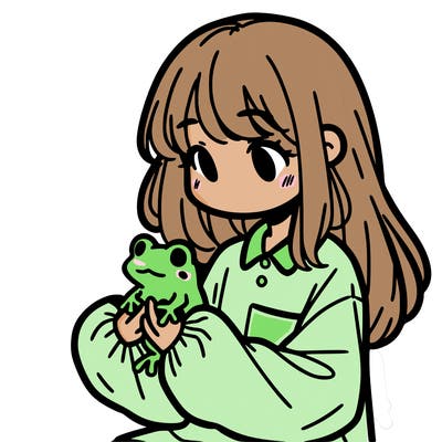 girl with long hair and a oversized shirt. and she is holding a frog