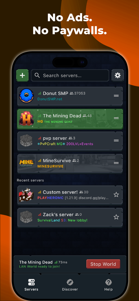 Bedrock Online - Bedrock Online mobile app interface showing a list of custom Minecraft servers with player counts and ping