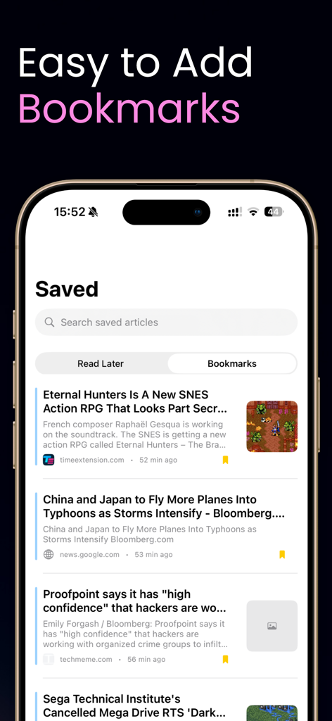 Simplio RSS Reader app interface showing a list of saved news bookmarks on an iPhone screen.