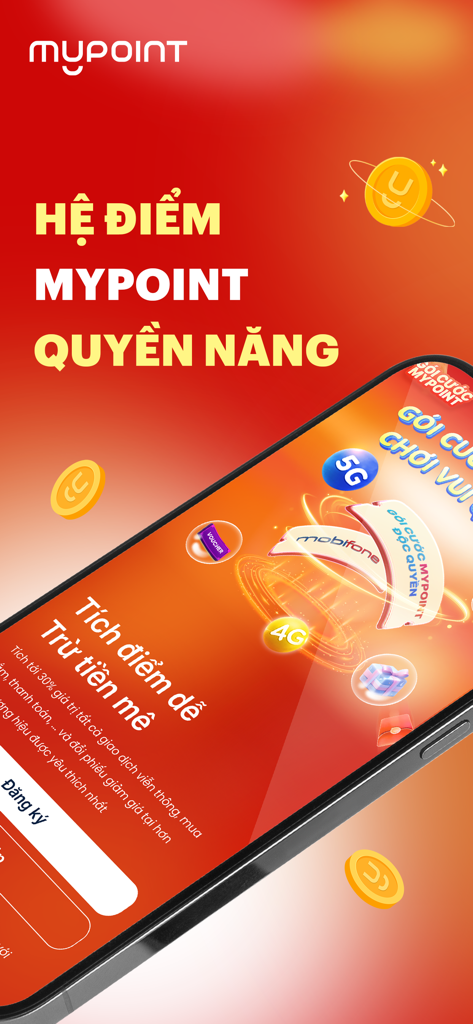 MyPoint: Tích điểm muôn nơi - Interface do aplicativo MyPoint mostrando pontos de fidelidade e recompensas para serviços móveis e de compras vietnamitas
