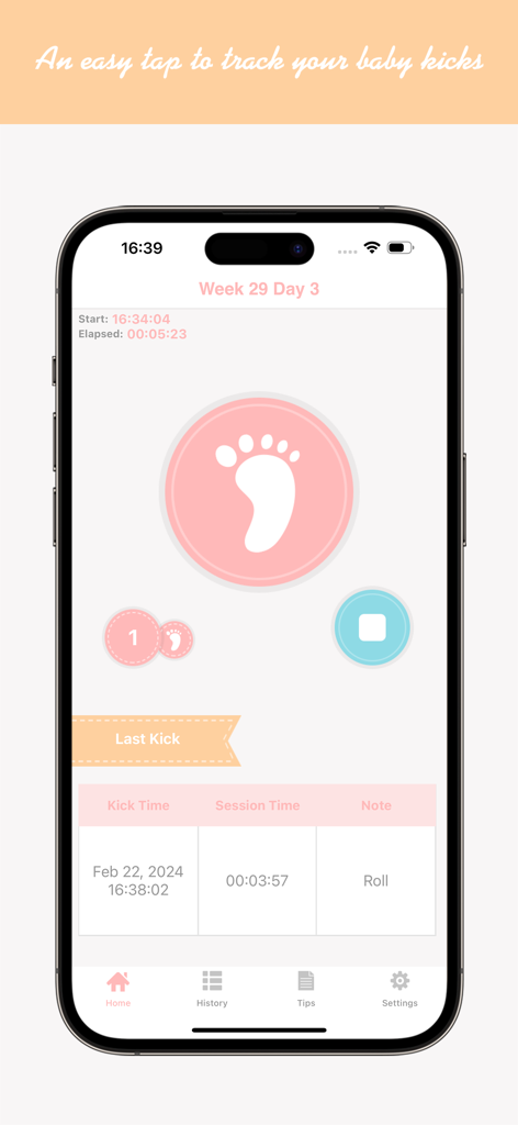 Count Baby Kicks - Interface of the Count Baby Kicks app showing a session in progress with a large footprint button to record fetal movements