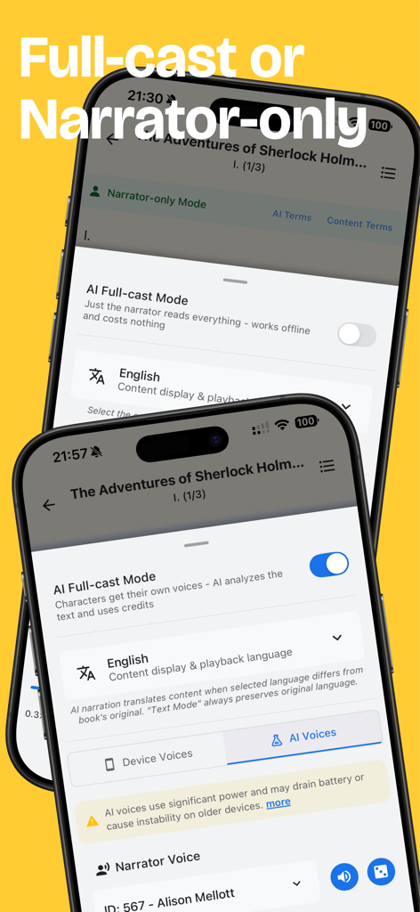 BookNPC - AI TTS eBook Reader - Interface do aplicativo BookNPC mostrando a escolha entre os modos de IA com elenco completo ou apenas narrador para eBooks.