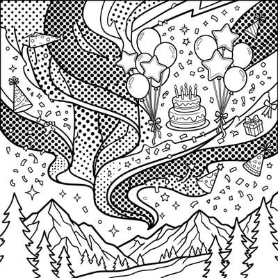 Experience the magic of an Aurora Borealis-inspired light show combined with festive birthday elements in this captivating Pop Art coloring page. Unleash your creativity by adding vibrant hues to balloons, cakes, and confetti under a cosmic sky.