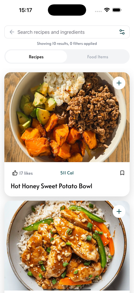 Health-e Simplified app interface showing healthy recipe search results for a sweet potato bowl