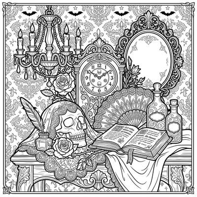 Unravel the intricate beauty of this Gothic still life coloring page, brimming with ornate details and mysterious charm. It offers a melancholic artistic escape perfect for adult colorists.