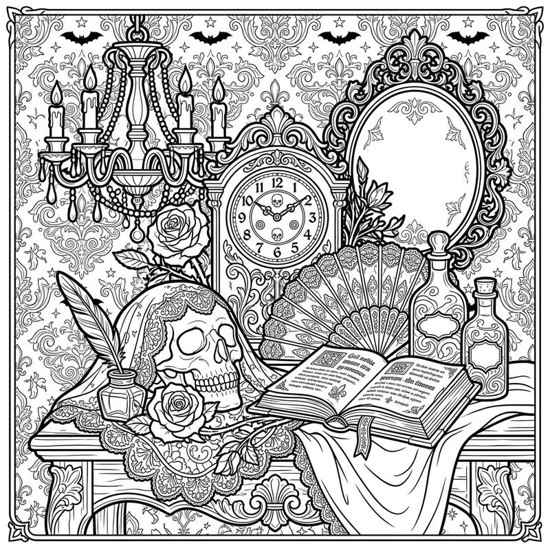 Unravel the intricate beauty of this Gothic still life coloring page, brimming with ornate details and mysterious charm. It offers a melancholic artistic escape perfect for adult colorists.