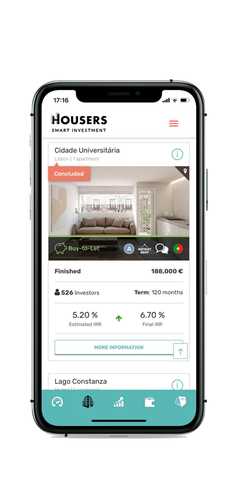 Housers mobile app interface showing a concluded real estate investment project in Lisbon with financial returns and investor count