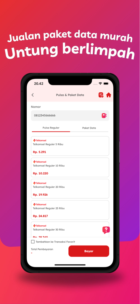Agen LinkPedia - Pantalla de la aplicación móvil Agen LinkPedia para comprar recargas de crédito y datos móviles Telkomsel de Indonesia