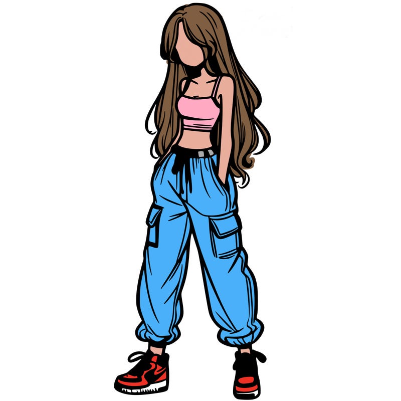 girl in baggy pants crop top and long hair