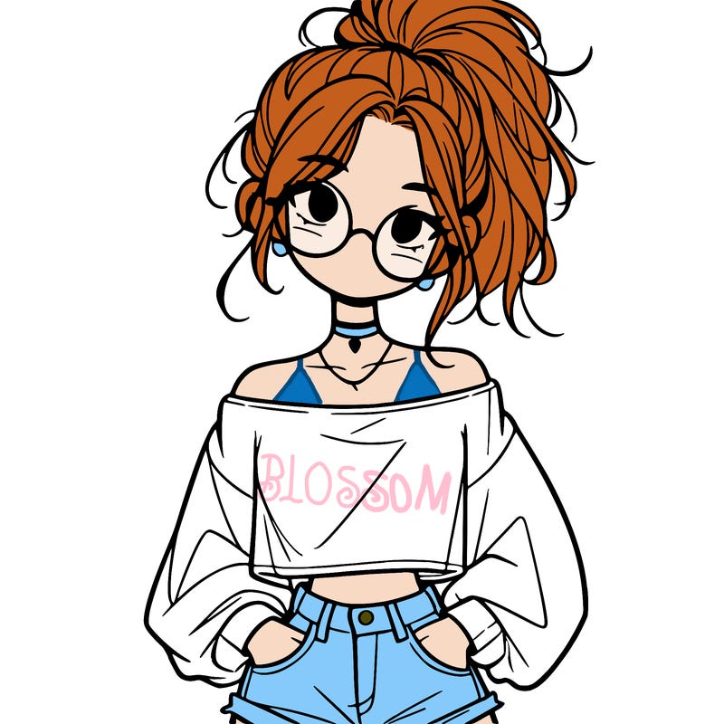 girl with a messy ponytail glasses a baggy crop top and jean shorts