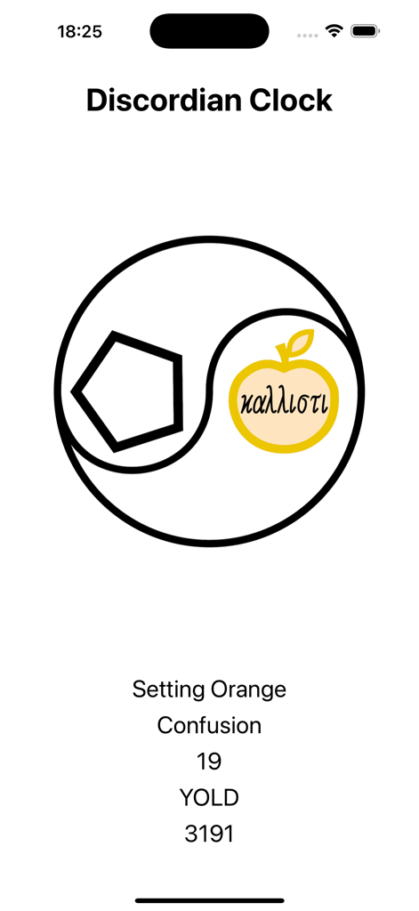 Discordian Calendar Watch - Interface of the Discordian Clock app displaying the current Discordian date and symbolic icons