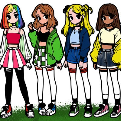 one girl with crop-top shirt and a jacket with a skirt, long socks and another girl with a shirt and pants with a jacket