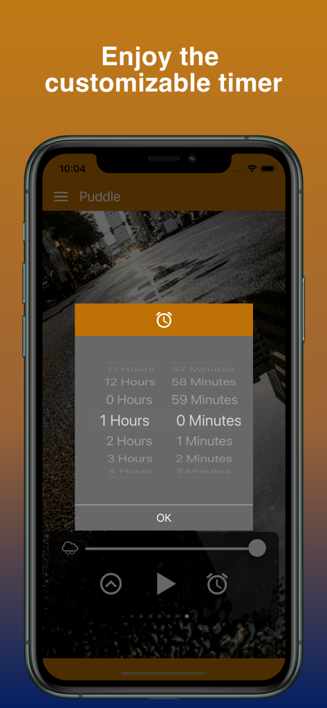 Mood: Rain Sounds & Thunder - Interfaz de la aplicación Mood mostrando un temporizador de sueño personalizable configurado para una hora sobre un fondo urbano lluvioso.