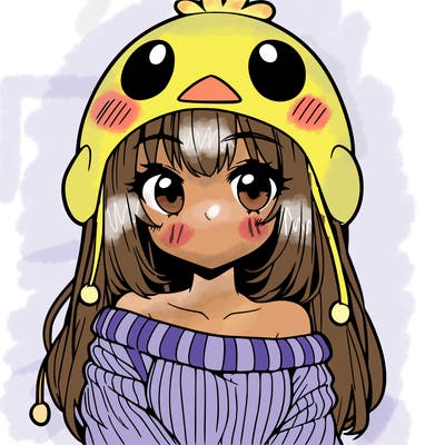 anime girl with chick shaped hat with sweater with bare shoulders with bangs covering them one eye with low tail