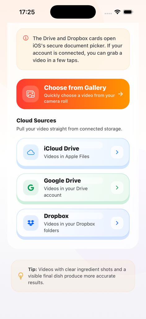PostChef AI: Recipe Guide - PostChef AI画面。ギャラリー、iCloud Drive、Google Drive、Dropboxからの動画アップロードオプションが表示されています。