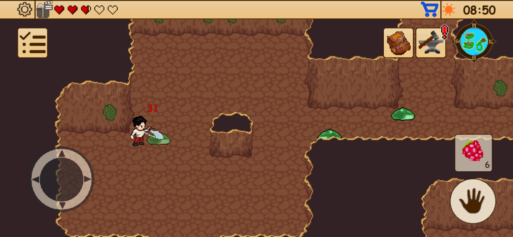 Survival RPG 1: Lost Treasure - Personagem minerando minérios verdes em uma caverna de pixel art no Survival RPG 1