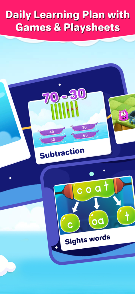 Daily learning plan interface showing 1st grade math subtraction and reading sight words games.