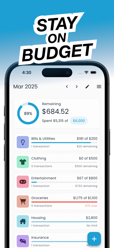 NEKO: Budget & Bill Organizer - Mobile app screen showing budget categories and spending progress for Neko app