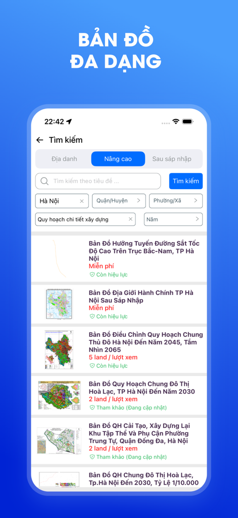 Interfaz de búsqueda de la aplicación Thongtin.land que muestra una lista de varios mapas de planificación de uso del suelo y construcción para Hanoi.