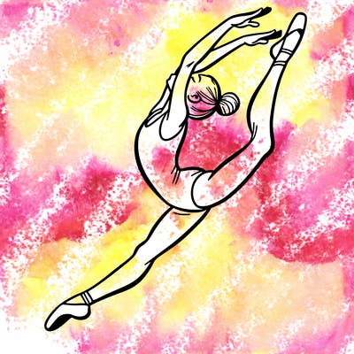 gymnast doing a leap in a leotard with a bent back leg