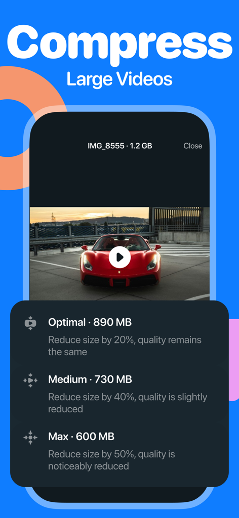 Oberfläche einer mobilen App, die Optionen zur Komprimierung großer Videos zur Speicheroptimierung anzeigt