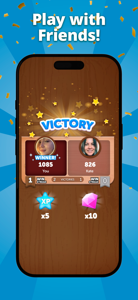 A victory screen in Dice Rollers showing a win against a friend with score and rewards