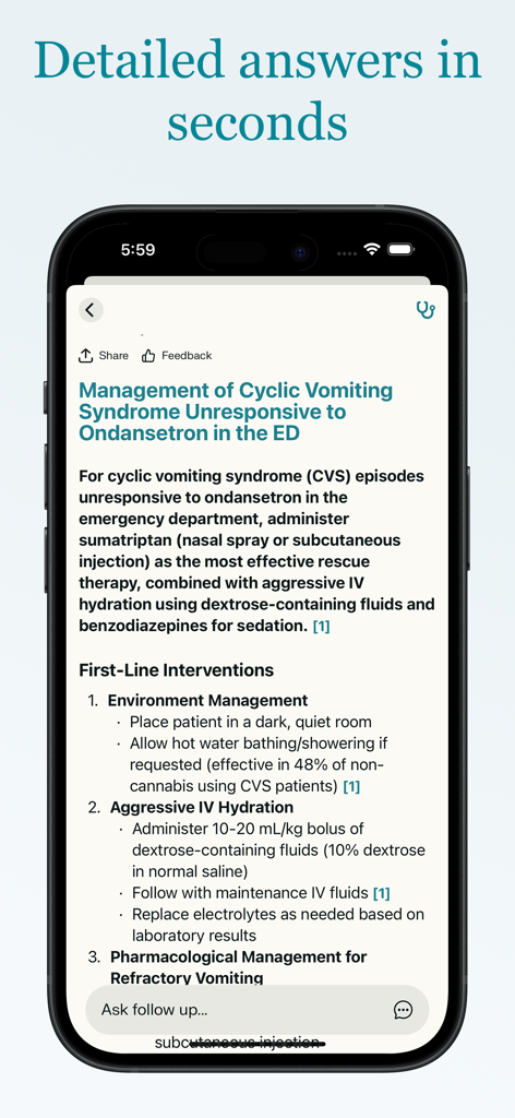 Dr.Oracle AI Medical Assistant - Smartphone screen displaying a detailed clinical answer for Cyclic Vomiting Syndrome management from the Dr.Oracle AI Medical Assistant app