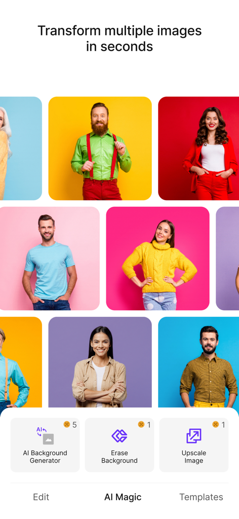 Pixelbin: AI Photo Editor - Interface do aplicativo Pixelbin mostrando várias fotos de pessoas com fundos coloridos sendo transformadas simultaneamente usando ferramentas de IA como removedor de fundo e intensificador de imagem.