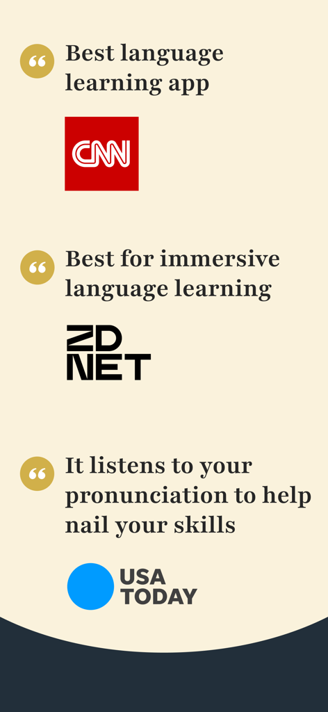 Rosetta Stone: Learn Languages - Reseñas y respaldos de la aplicación Rosetta Stone de CNN, ZDNET y USA TODAY, destacando su calidad y características de pronunciación.