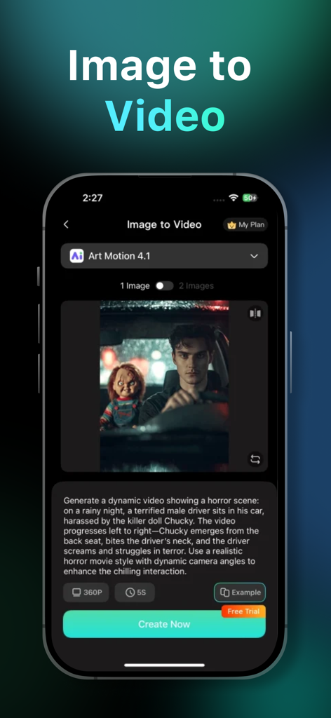 ChatArtアプリのモバイルインターフェース。ホラーシーンの詳細なテキストプロンプトが表示されたAI画像から動画への変換ツールが表示されています。