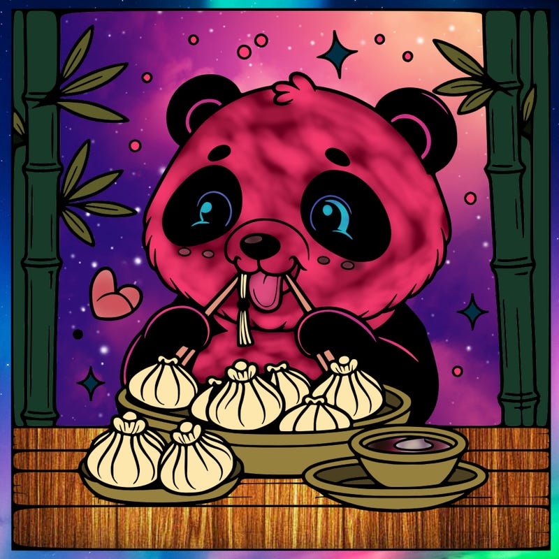panda eating dumplings and bamboo