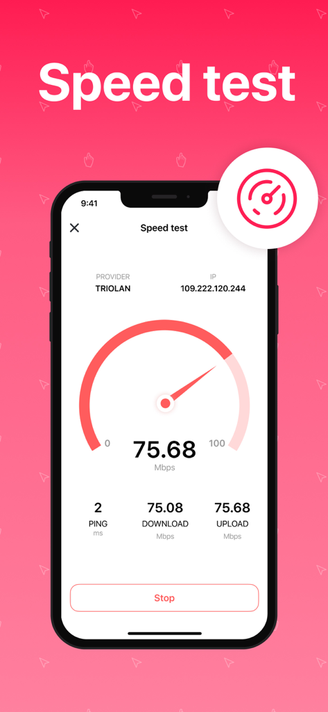 Interface of the Web Tools app showing an internet speed test with download and upload results on an iPhone screen.