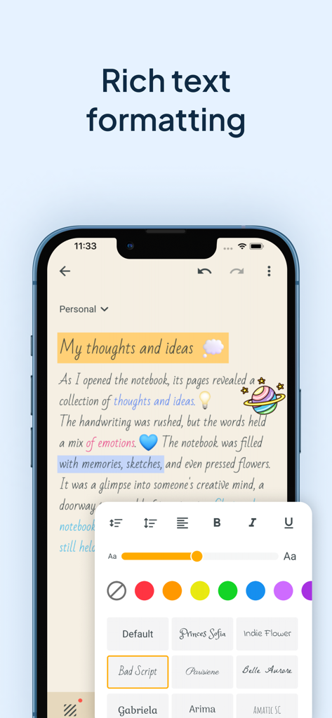 My Notes - Notebook, Notepad - 美しいノート作成のためのカスタムフォントの色やフォントサイズを含む、リッチテキストフォーマットオプションを表示する「My Notes」アプリのスマートフォン画面