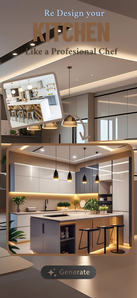 Ai Kitchen - Room Landscape Ai - Concepto de diseño de cocina de lujo moderna generado por IA que muestra una transformación de una cocina estándar a un espacio de estilo chef profesional.