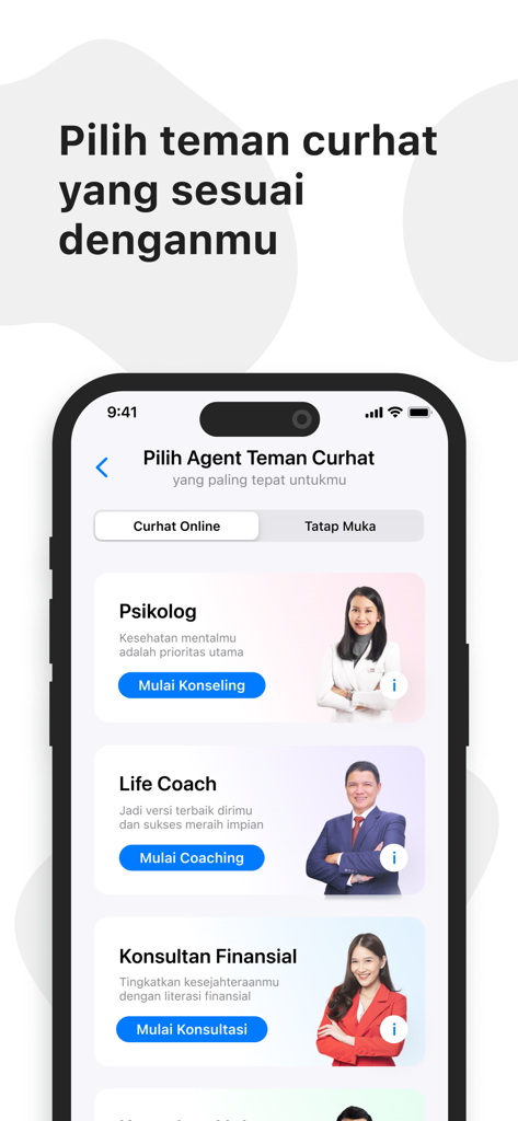 Mobile app interface of Teman Curhat showing options to choose between a psychologist, life coach, and financial consultant for counseling sessions.