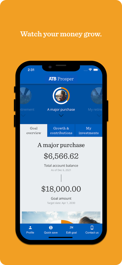 ATB Prosper Dashboard - Painel do aplicativo móvel ATB Prosper mostrando o progresso de economia para uma meta de compra importante